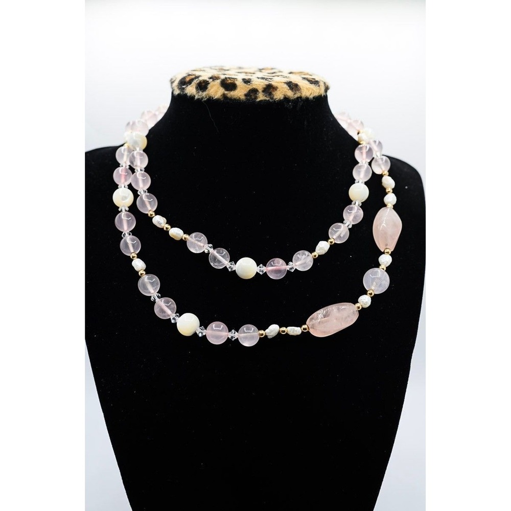 Rose Quartz Necklace fresh water pearl MOP 30" Opera long